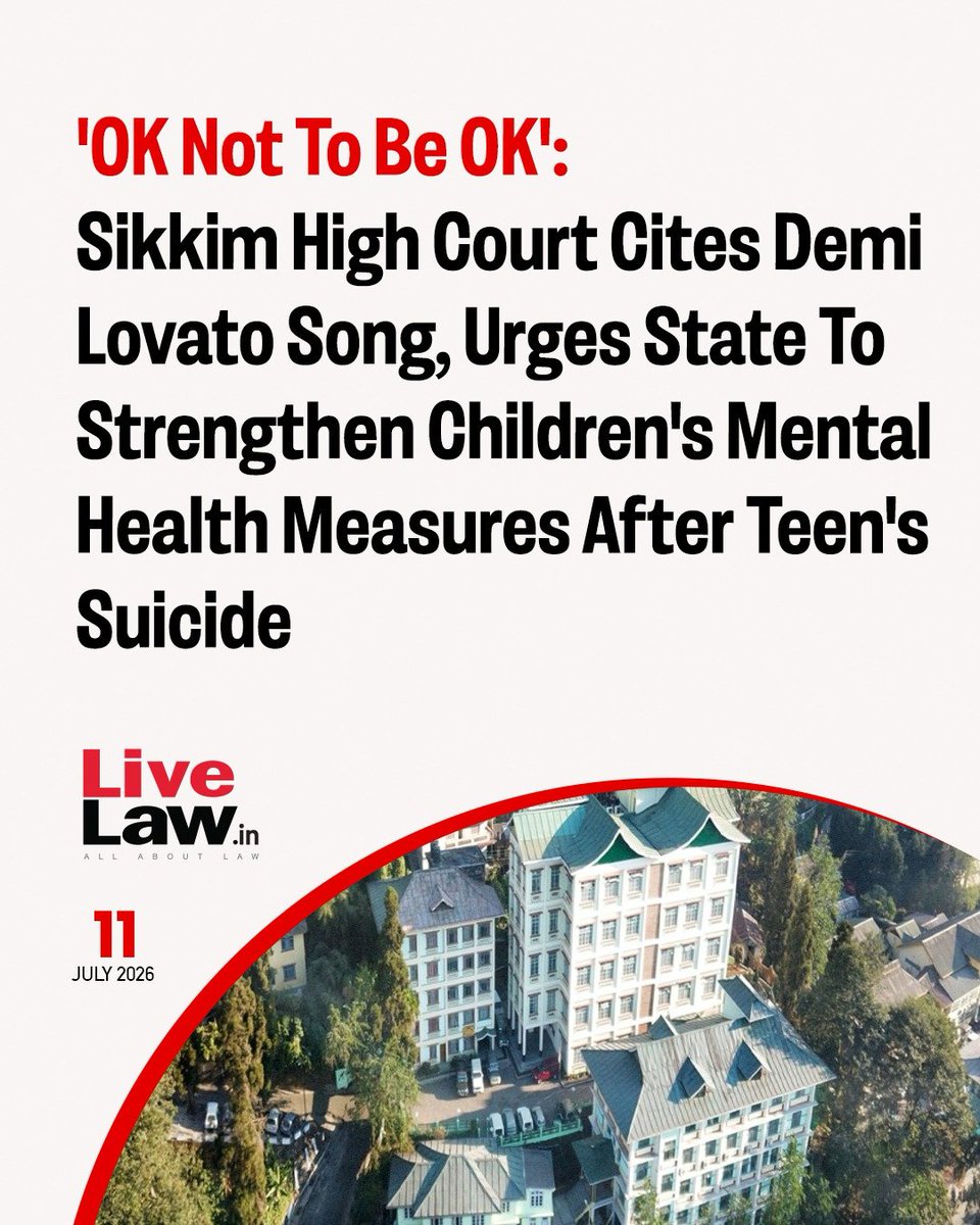 LiveLawIndia's tweet photo. Citing upbeat self-love anthem by singer Demi Lovato and Marshmello— "OK Not To Be OK", the Sikkim High Court implored the State government to strengthen its measures for improvement of mental health of children.

Read more: https://t.co/WJ4Kq8QsfX https://t.co/7qlzgu0rhg