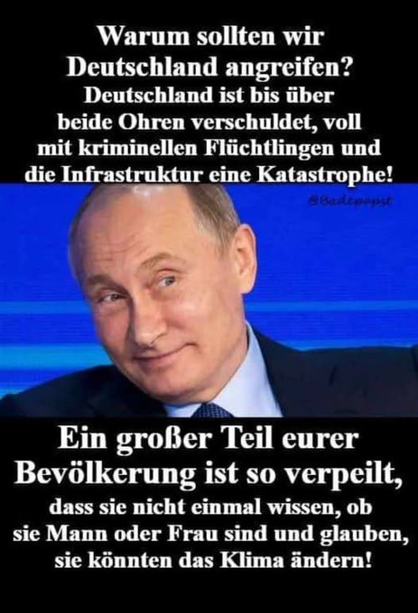 peter_slater_UK's tweet photo. @DL_InsiderX Der russische Präsident Putin hatte ja öffentlich erklärt, warum Deutschand keine Bedrohung ist und warum Deutschland sich selbst zerstört

Die AFD ist die einzige Fraktion, der KEIN Verfassungsbruch nachgewiesen werden konnte

Früher wurden JUDEN VERFOLGT, heute AFDler !! https://t.co/OaZvRyxoZx