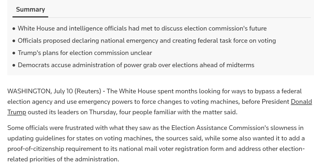 TheWarMonitor's tweet photo. The White House has been exploring the use of emergency powers to force "changes" to voting machines ahead of the midterm elections. This comes as the last remaining commissioners of the Election Assistance Commission were fired by Trump. https://t.co/Gn7Ocq8RXT