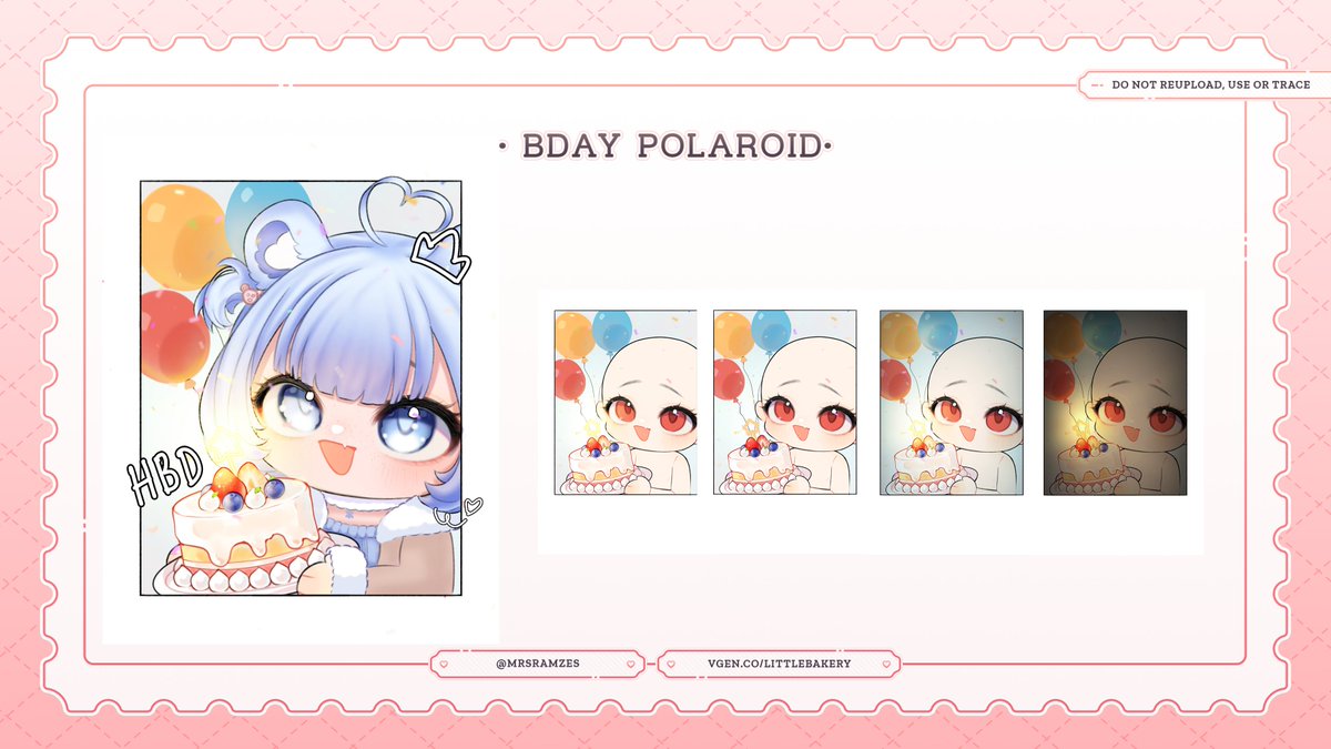 mrsramzes's tweet photo. Birthday chibi Polaroids now open! Cute, personalized illustrations in a Polaroid style — perfect as a gift or keepsake. Includes cake, candles, custom message, and your chibi character. Limited slots available. 
vgen--> https://t.co/jVk2AkryxK
#commissions #art https://t.co/fojr6J6yIV