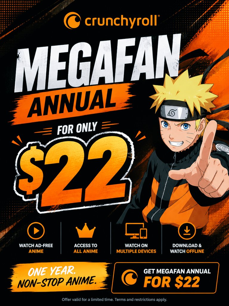shopzygg's tweet photo. Get Crunchyroll Megafan 1 year at just $22 and watch your favourite Animes without interruptions.. https://t.co/suLio4HeoI