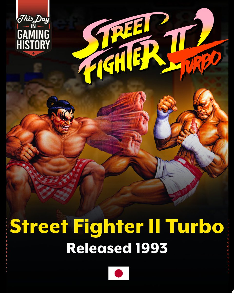 ThisDayGaming's tweet photo. Street Fighter II Turbo Turns 33! 🎮🔥
Thirty-three years ago Capcom delivered the ultimate version of the fighting game that defined an era — faster speed, new moves, and the legendary roster that turned arcades into battlegrounds and launched competitive gaming worldwide. https://t.co/sUGg88GpNr