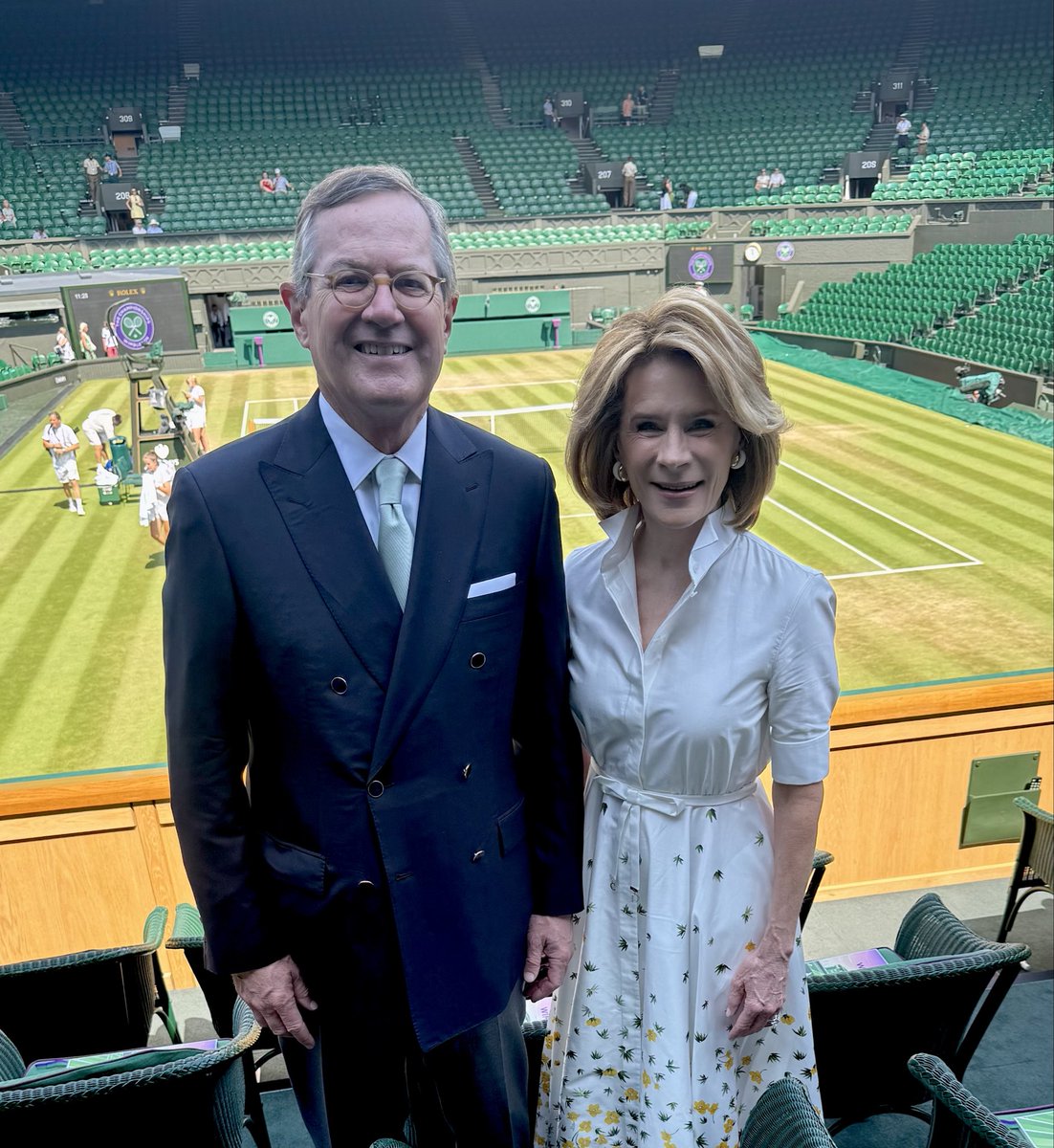 USAmbUK's tweet photo. What an unforgettable day @Wimbledon! Harriet and I were honored to attend the Ladies' Singles Semi-finals at the All England Lawn Tennis Club. We cheered for the remarkable Coco Gauff who lost a hard-fought and exciting match in a third-set tiebreaker. So proud of her efforts and congratulate Karolina Muchova in making the finals today.