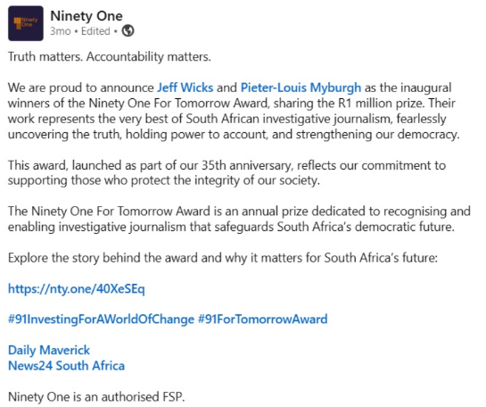 still_Thato's tweet photo. @MightiJamie Wicks &amp; Pieter-Louis Myburgh's R500 000 each, cash prize award from Ninety One, whose HQ Ramaphosa personally opened, makes their vehement anti-Mkhwanazi "not a hero" stance and refusal to chase exposed leads like Maumela entirely predictable. https://t.co/9sN0kRzBry