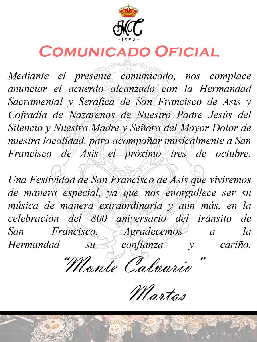 MonteCalvario_'s tweet photo. 𝐂𝐎𝐌𝐔𝐍𝐈𝐂𝐀𝐃𝐎 𝐎𝐅𝐈𝐂𝐈𝐀𝐋 

𝑭𝒆𝒔𝒕𝒊𝒗𝒊𝒅𝒂𝒅 𝒅𝒆 𝑺𝒂𝒏 𝑭𝒓𝒂𝒏𝒄𝒊𝒔𝒄𝒐 𝒅𝒆 𝑨𝒔𝒊́𝒔 

✝️ @APSanFrancisco

#ᴍᴄ𝟸𝟼 | #sᴜᴇɴᴀᴍᴄ https://t.co/3R4n1wXOXc