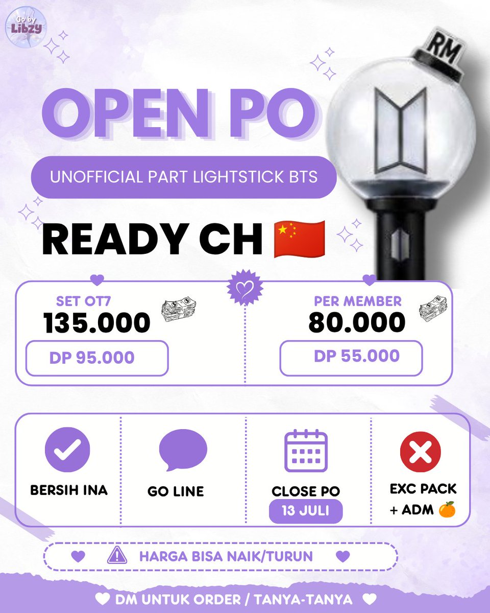 gobylibzy's tweet photo. ♡ OPEN PO ♡
UNOFFICIAL PART LIGHTSTICK BTS READY CH 🇨🇳

💰price: 
Set OT7
💸 135.000 dp 95.000
Per member 
💸 80.000 dp 55.000

✅️ Bersih ina
✅ Go line
✅ Close po 13 Juli (𝐇-𝟐 𝐂𝐋𝐎𝐒𝐄 𝐏𝐎)
❌ Exc pack + adm🍊

⚠️ Harga bisa naik/turun
📍GO Line (𝑙𝑖𝑛𝑘 𝑖𝑛 𝑏𝑖𝑜) https://t.co/xX6WU9Kaqd