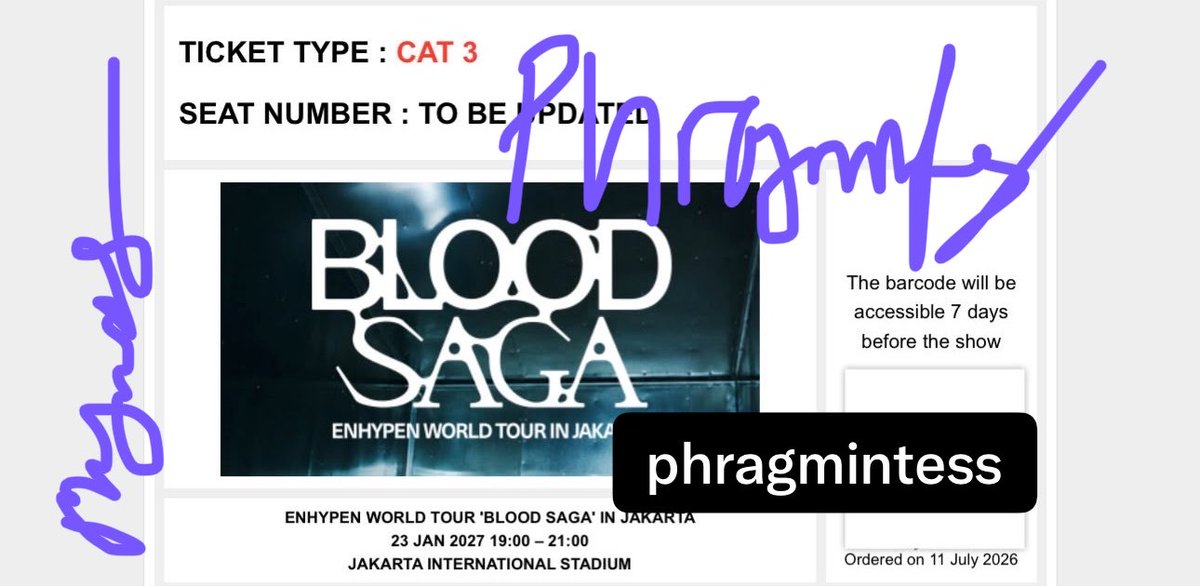 phragmintes's tweet photo. Secured CAT 3 BLOOD SAGA IN JKT
SEE U PENNN congrats kamu pertama kali ketemu aku wkwk 😝
Semoga gaada drama ketutup FOH or anything ya pen, my 1st concert, udah gitu alone pen 🥹

Let's make great memories 🤟🏻🤟🏻 https://t.co/69owuJkJjH