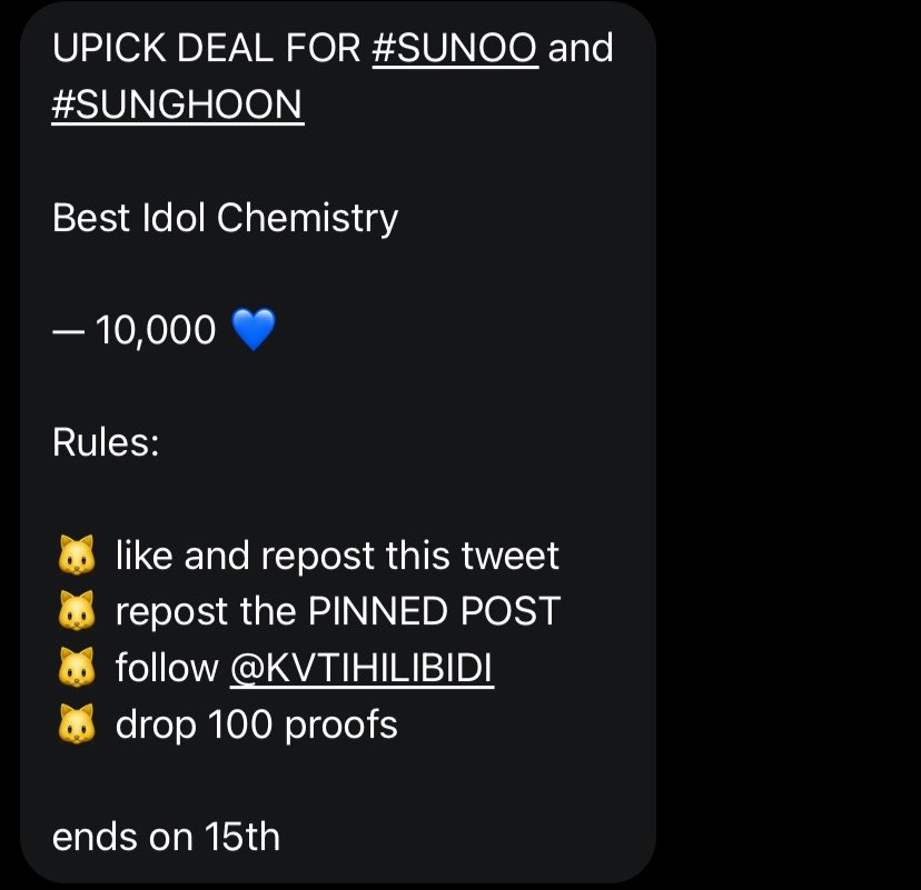 lovingsunsun's tweet photo. UPICK DEAL FOR #SUNOO and #SUNGHOON

Best Idol Chemistry

— 10,000 💙

Rules:

🐱 like and repost this tweet
🐱 repost the PINNED POST
🐱 follow @KVTIHILIBIDI
🐱 drop 100 proofs

ends on 15th https://t.co/dnZizozQJj
