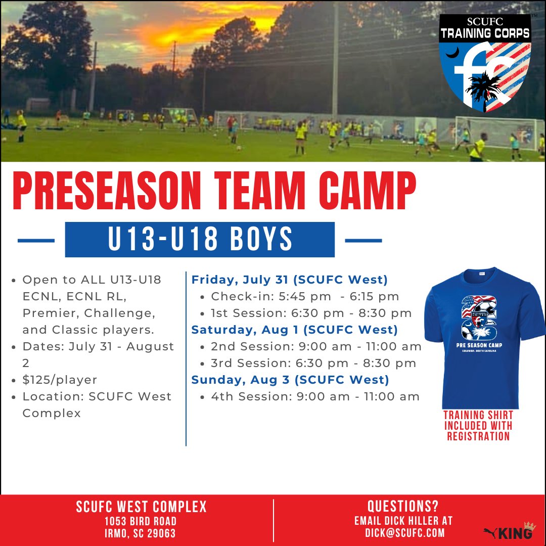 SCUnited_FC's tweet photo. Ready for the fall season?

Kick things off at SCUFC’s U13-U18 Preseason Team Camp, July 31–August 2!

This 3-day camp is designed to help players sharpen their technical skills, improve tactically, and prepare physically for the season ahead. Open to all U13-U18 ECNL, ECNL RL, Challenge, Premier, and Classic players.

✅ 4 training sessions
👕 Training shirt included
📍 SCUFC West Complex (Boys) | Southeastern Freight Lines Soccer Complex (Girls)

Register today 
https://t.co/cZqsfttFXQ