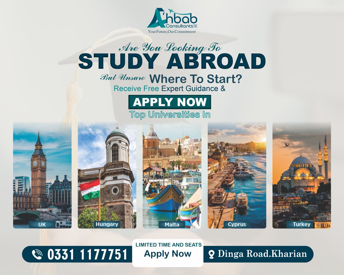 QasimAzaz's tweet photo. 🎓 Dreaming of studying abroad? Start your journey with expert guidance! 🌍
🇬🇧 UK 
| 🇭🇺 Hungary
| 🇲🇹 Malta 
| 🇨🇾 Cyprus
| 🇹🇷 Turkey

📞 0331 1177751 
https://t.co/xAqWVNkxJo
📍 Dinga Road, Kharian
#StudyAbroad #HigherEducation #Admissions #ApplyNow https://t.co/3QizHA6xdF