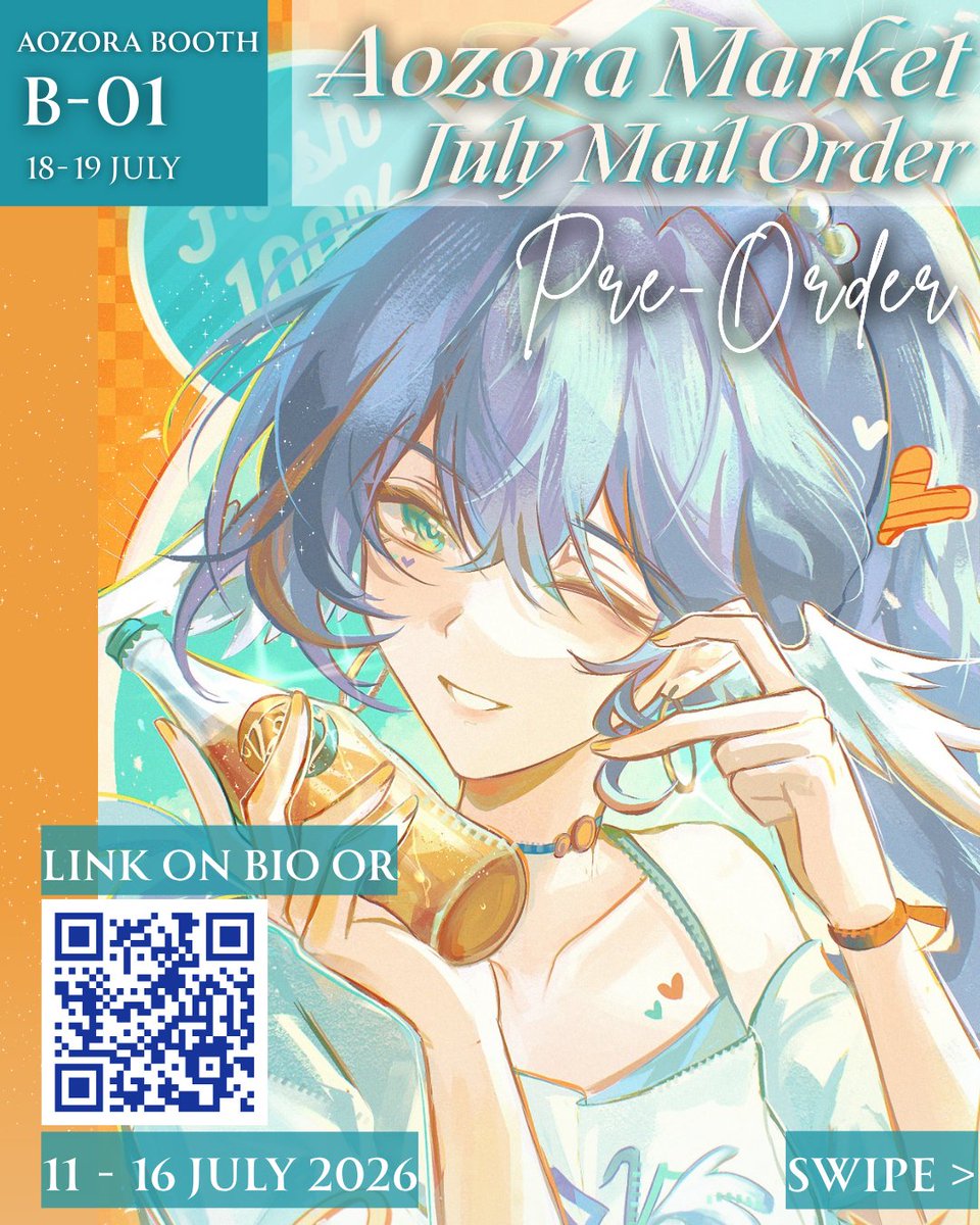 Tatonary's tweet photo. (🔁 &amp; 💗 appreciated!) 
#AozoraMarket reservation &amp; July mail order is open !!

⤵️🔗 form &amp; more merchs 

Aozora 
★ Booth B-01 ( cilorine x tatonary )

Local mail info
🗓 11 - 16 July 2026
📬 : 🍊 from jkt
✨ GOs are 👍 (Pls DM first)

💙HSR, ALNST, GI, Miku
[1/4] #AozoraMkt2026 https://t.co/rL584CGjWh
