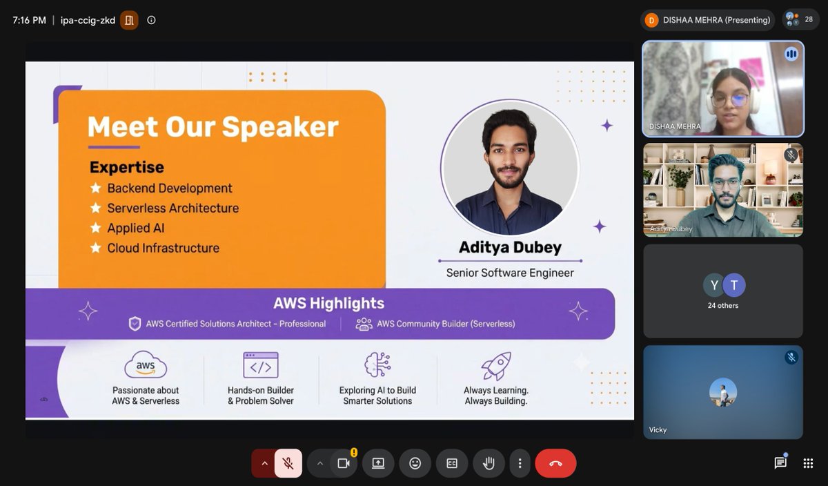 adityawdubey's tweet photo. Had a great time speaking at the AWS Summer Cohort organized by the AWS Student Builder Group IGDTUW on "Serverless Applications with AWS Lambda."  #AWS #Serverless #TheServerlessBook #Lambda #Cloud #AWSCommunity #CloudComputing #IGDTUW #Architecture #TechTalks #Community https://t.co/2CPe7Qr8sL