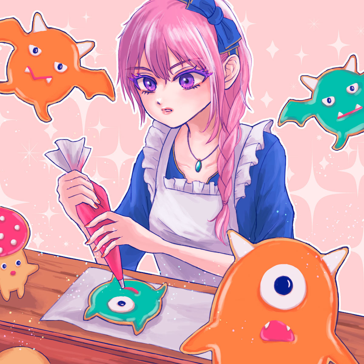 hapira_drawlife's tweet photo. 魔法使いの女の子が作った、
ちょっぴり元気すぎるマモノ型のアイシングクッキー🍪
#イラスト #創作イラスト #女の子イラスト https://t.co/w3uYBH45Rx