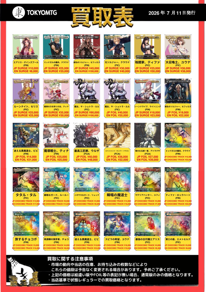 mtgkaitori's tweet photo. 🔥🔥東京MTG買取情報🔥🔥

FF買取表を更新いたしました！

各種サージ・Foil、継承史、チョコボトラック・Foilそれぞれ大募集しております！

発売開始から一年以上経過しましたが、まだまだ大人気です😍😍😍
お持ち込みお待ちしております🙌
#東京MTG買取 https://t.co/SQ9tHB57jc