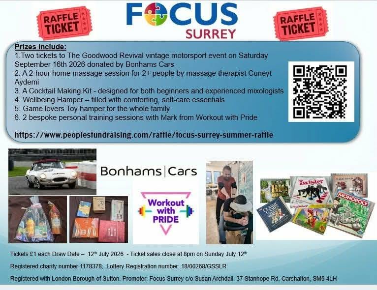 focus_surrey's tweet photo. Focus Surrey Summer Raffle - Please share to support our local Saturday club for children with autism. You can enter by clicking on this link: https://t.co/WwUBYEQuJH
Tickets are £1 each. Drawn 12/07/2026 at 8pm.
Learn more about our charity here: https://t.co/HTWIPG0Nv8 https://t.co/UeA5iwtZtj