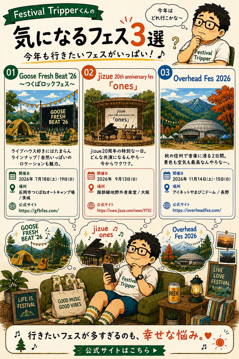 FestivalTripper's tweet photo. 私の気になるフェス3選！

① Goose Fresh Beat '26  @gfbfes
② jizue 20th anniversary fes 「ones」@jizue
③ Overhead Fes 2026 
行きたいなぁ。 https://t.co/E1s8c9v51X