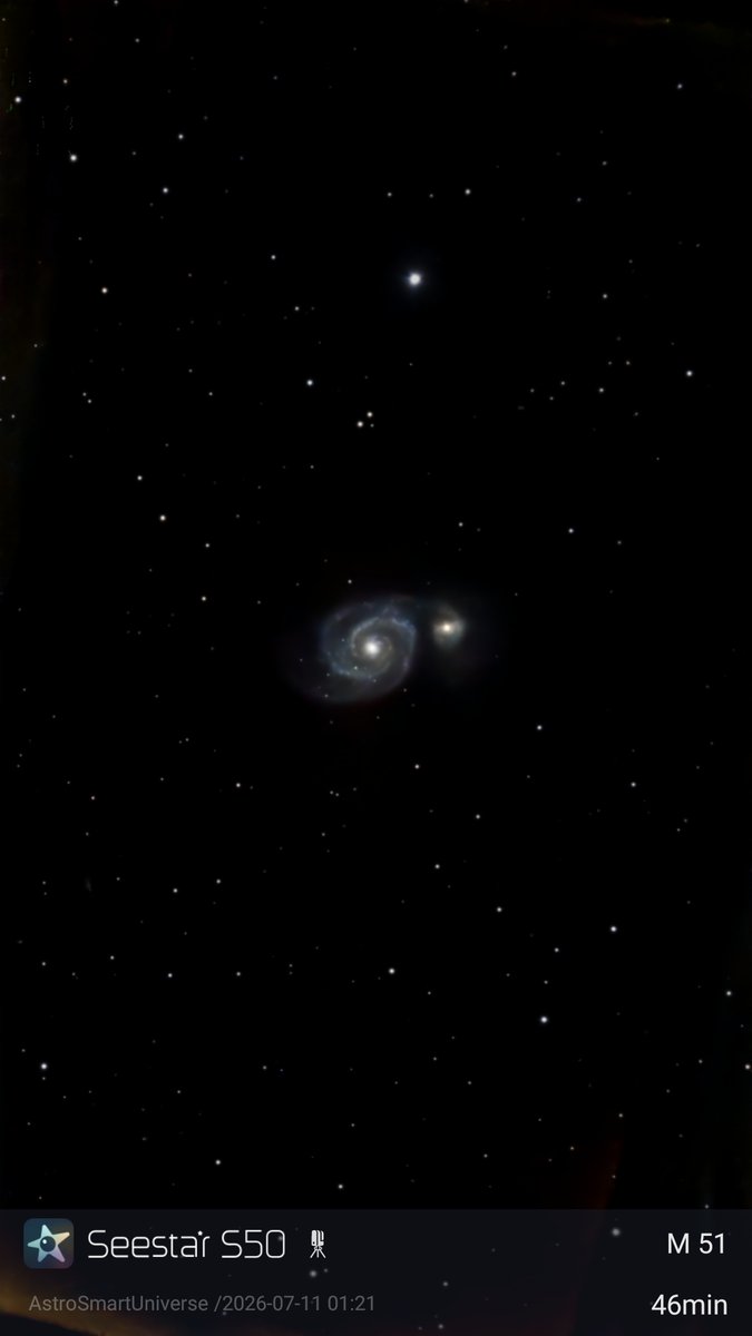 AstroSmartUni's tweet photo. ☄️🔭

📱

Name: Whirlpool Galaxy (M51)
Constellation: Canes Venatic
Distance: 31 mly
Smart Telescope: Seestar S50
Mount: Alt-Azimuth
Bortle Scale: Class 7
Exposure Time: 46 min
Filter: Built-in Filter
Image Processing: Seestar App

#M51 #galaxy #smarttelescope #seestar #space https://t.co/fRNN2C2m28