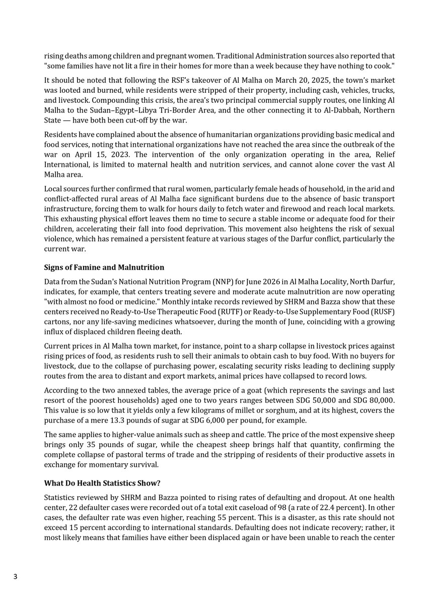 suhrm_org's tweet photo. The Sudanese Human Rights Monitor (SHRM) and Bazza for Development, Humanitarian Services and Peacebuilding Organization

Briefing Note on
the Escalating Risk of Famine in Al Malha Locality, North Darfur State

July 11, 2026 https://t.co/VOSPC4yjmh