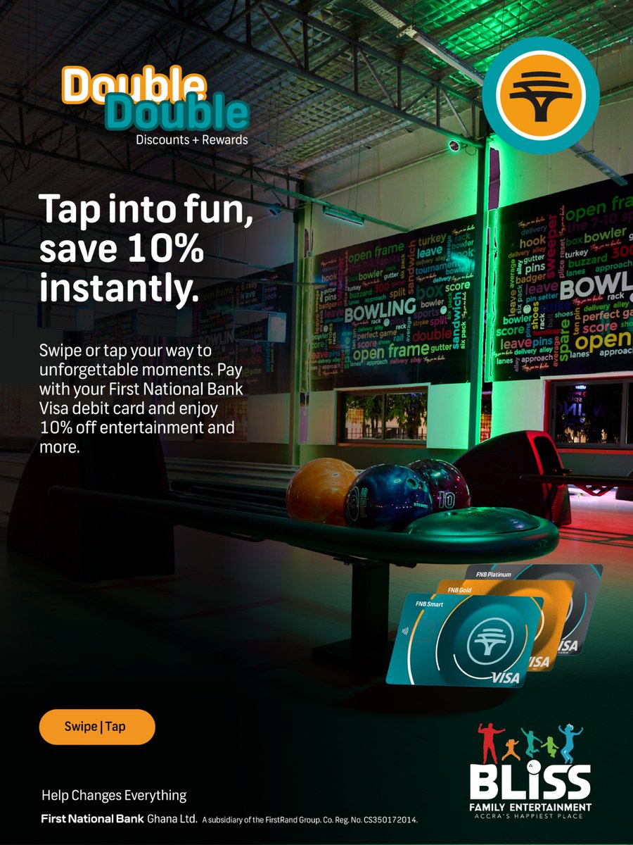 firstnatbankgh's tweet photo. The perfect day out starts with laughter, games, and shared moments that turn into lasting memories.

Pay with your First National Bank Visa debit card, enjoy 10% off trampoline and bowling and earn cash back on every payment.

#FNB #HelpChangesEverything #DoubleDouble https://t.co/fkVwrI4Yzm