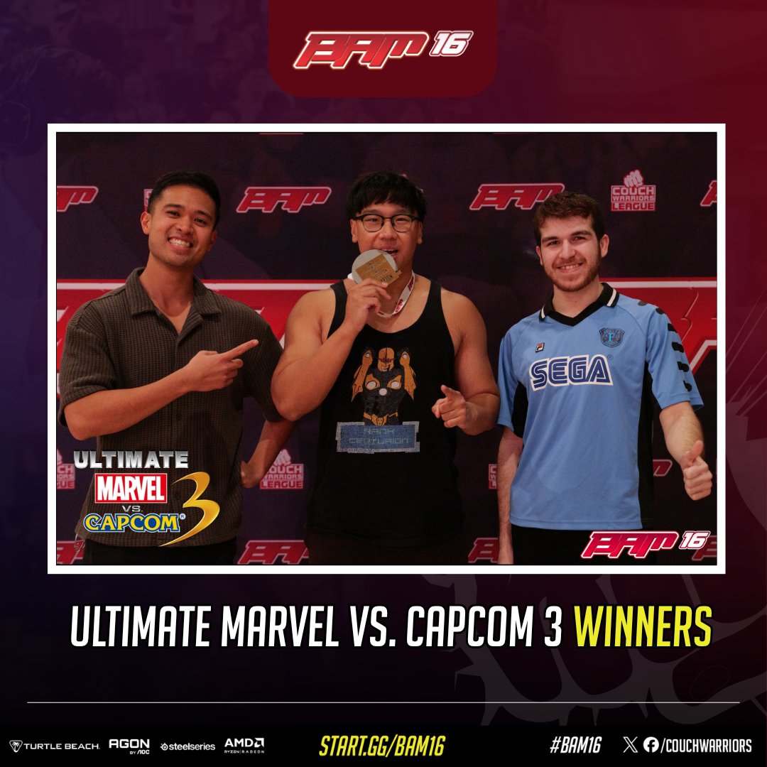 CouchWarriors's tweet photo. Shoutout to the #BAM16 Ultimate Marvel vs. Capcom 3 Top 3 for an incredible run! 👏

🥇 @JubbaJym
🥈 @tito_ed619
🥉@EstoEsElFin12 https://t.co/I4ILqLc1uc