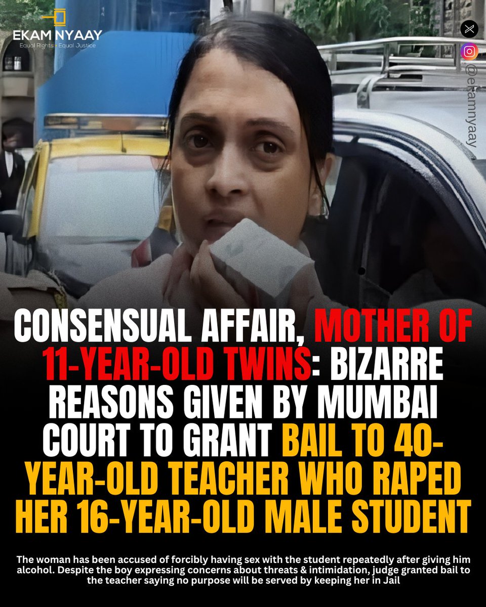 Perman3310's tweet photo. Read this to understand how biased and flawed the POCSO law is when it comes to consensual sex between teenagers.

Imagine a 16-year-old boy and a 16-year-old girl in a relationship who have consensual sex.

Both are the same age and willingly participated → The boy is still labelled a rapist.
If the girl later regrets it or her parents complain → The boy is treated as a rapist and faces punishment.
Even if the girl was equally willing and active → Only the boy is considered the offender.

But if a pedophile woman rapes an underage boy → She gets easy bail.

Real Case (Mumbai, 2025): A 40-year-old mother of 11-year-old twins and a school teacher raped her 16-year-old male student for over a year. With the help of her friend who groomed the boy, she took him to luxury hotels, gave him antidepressants, and called it “love”. Yet the court granted her bail.

Why is the law and judiciary so biased towards women?

If both are minors and the act was consensual, why is only the boy branded a rapist? Why doesn’t the girl bear the same responsibility?

Either make POCSO truly gender neutral 
punish both equally or punish neither. 
Stop destroying the lives of young boys in cases of mutual teenage relationships.