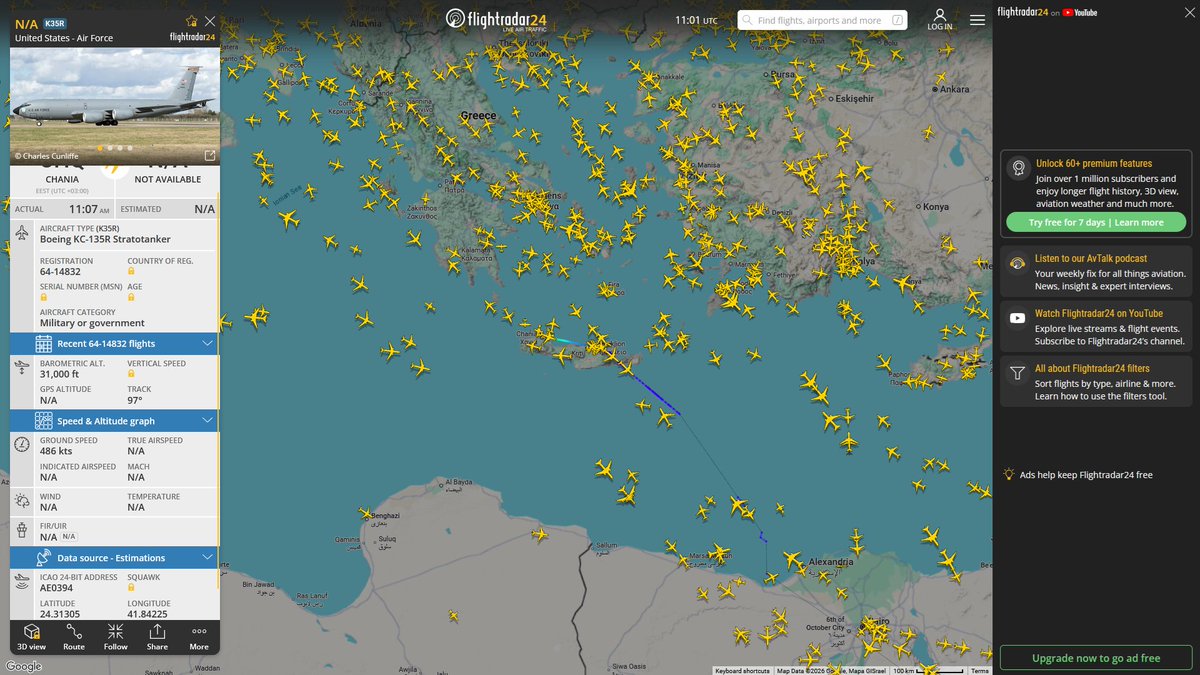 AIYeyENGDdJkjTr's tweet photo. July 11, 2026
#Souda Bay NAS ==> #Al-Udeid Air Base
 
#NoCALLSIGN #AE0394 USAF KC-135R Stratotanker https://t.co/hZFmJofJmH
