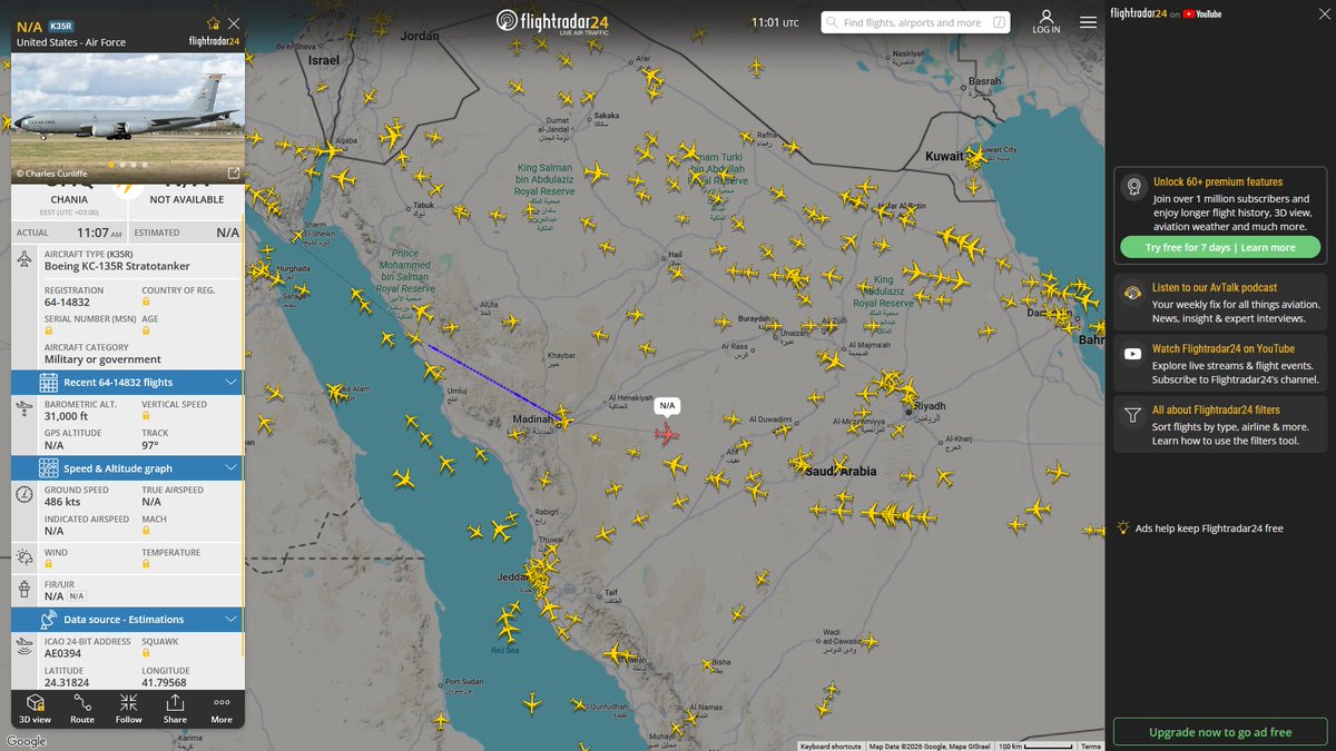 AIYeyENGDdJkjTr's tweet photo. July 11, 2026
#Souda Bay NAS ==> #Al-Udeid Air Base
 
#NoCALLSIGN #AE0394 USAF KC-135R Stratotanker https://t.co/hZFmJofJmH