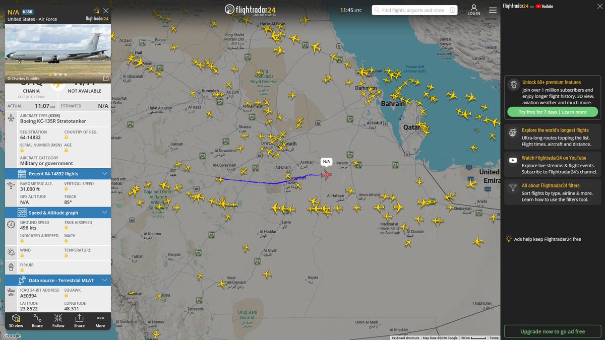 AIYeyENGDdJkjTr's tweet photo. July 11, 2026
#Souda Bay NAS ==> #Al-Udeid Air Base
 
#NoCALLSIGN #AE0394 USAF KC-135R Stratotanker https://t.co/hZFmJofJmH