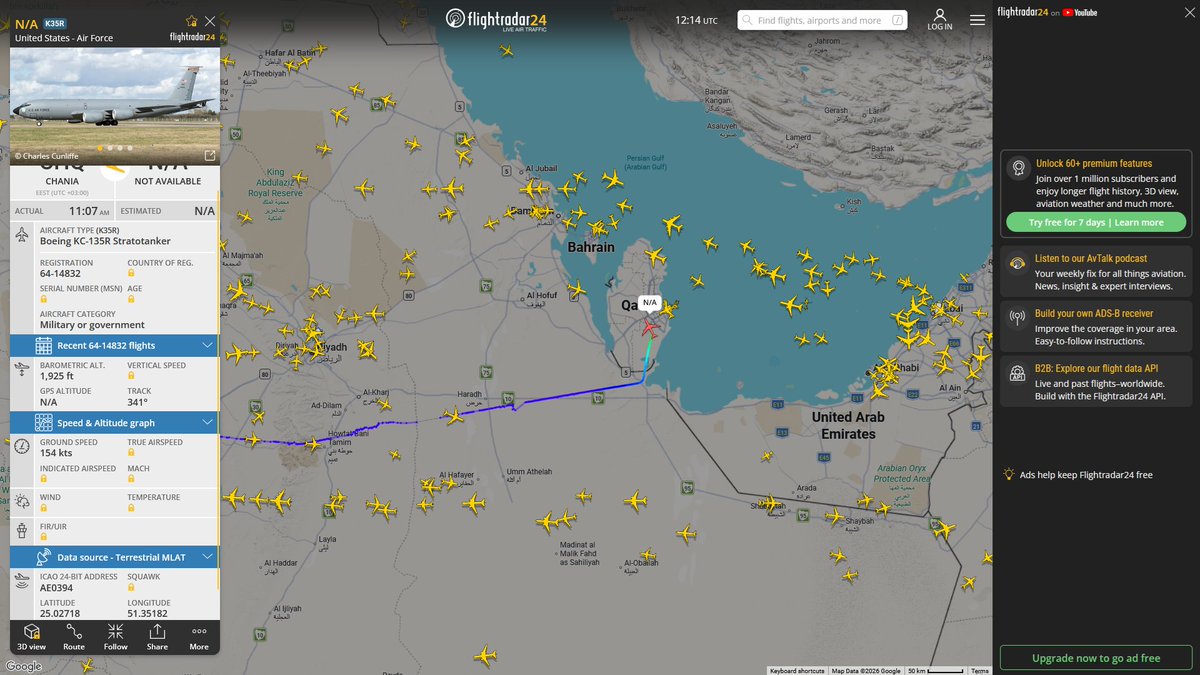 AIYeyENGDdJkjTr's tweet photo. July 11, 2026
#Souda Bay NAS ==> #Al-Udeid Air Base
 
#NoCALLSIGN #AE0394 USAF KC-135R Stratotanker https://t.co/hZFmJofJmH