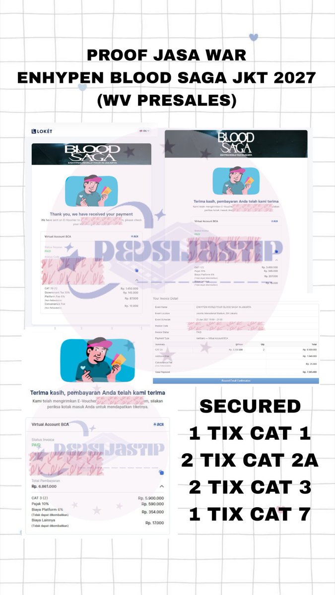 devsijastip's tweet photo. Alhamdulillah yang nitip war tiket untuk konser Enhypen Blood Saga JKT di Engene Weverse Membership Presales bisa secured semua. Makasih yang udah percaya di sini ya π
#proof_devsijastip
#μνμ΄ν #ENHYPEN #EN_WORLDTOUR_BLOODSAGA #BLOODSAGA_IN_JAKARTA https://t.co/utEVytM2VE