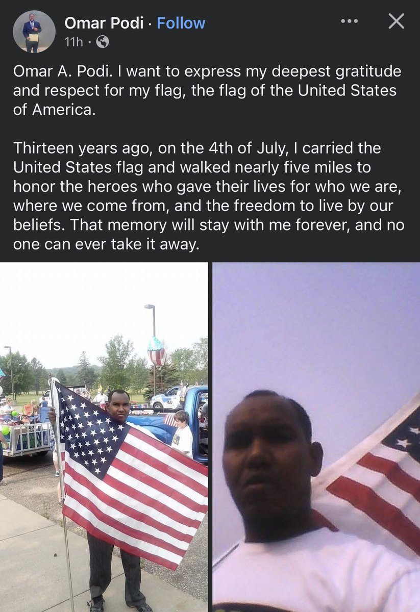 TraditionSarah's tweet photo. This Somali wants you to know that he likes America so much 13 years ago he walked ALMOST 5 Miles carrying a flag. https://t.co/XNRbkD9wrN