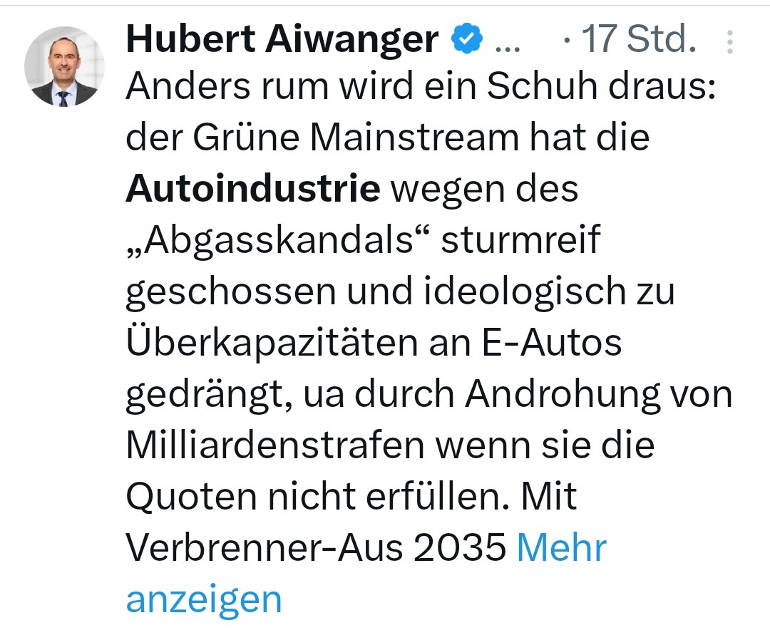 BurgerleinWatch's tweet photo. Schon gewusst?

Grüner Mainstream verursachte den Abgasbetrug der deutschen Autoindustrie und ist schuld, dass China die besseren Elektroautos baut.

Wenn es ein Sinnbild für inkompetente, infantile, deutsche Kartoffelwürstchen gibt, ist @HubertAiwanger ganz vorne mit dabei. 🤦‍♂️ https://t.co/215DgrO8se
