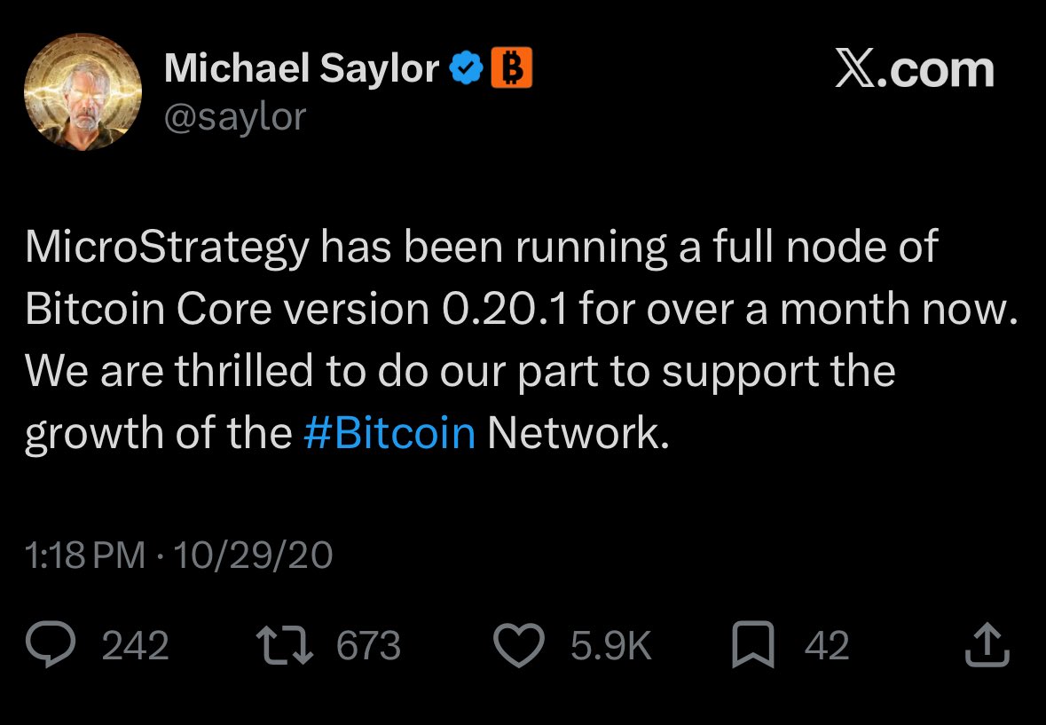 SatoshiSharps's tweet photo. It has been brought to our attention that Strategy IS running a node. The irony here is that Saylor is making the error that plebs are often accused of making. Saylor thinks he’s running a node to “support” the network. He’s not running the node to be self-sovereign. Strategy is not using their node in any meaningful way. Not an economic node. The rest of our post was 100% accurate 🏈