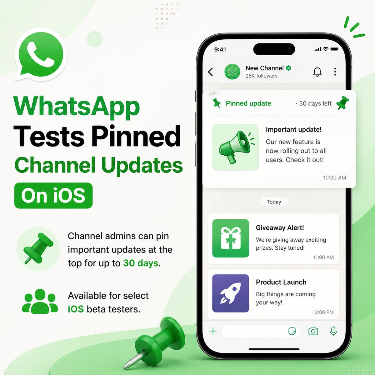 ITNewsBreaking's tweet photo. 🚨 WhatsApp Tests Pinned Channel Updates on iOS

WhatsApp is testing a feature that lets channel admins pin important updates at the top of a channel for up to 30 days. The feature is currently available to select iOS beta testers.

#WhatsApp #iOS #Meta #TechNews #Channels https://t.co/6DehxrzgB4