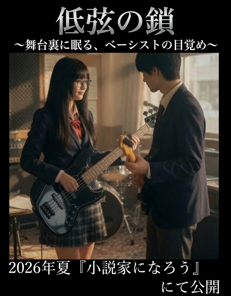 MEGANE_Kinusaki's tweet photo. 新作音楽小説「低弦の鎖」

眼鏡の奥に隠した瞳と、まだ幼い指先。

地味な制服姿の彼女が、薄暗い部室の下で、先輩のギターにそっと低音を重ねる。

「一緒に、世界を壊しに行こうぜ」

優しい笑顔の彼から5弦ベースを託された瞬間――彼女の人生は、音と共に変わり始めた。

#小説家になろう #narou https://t.co/Cs25sFHpt4