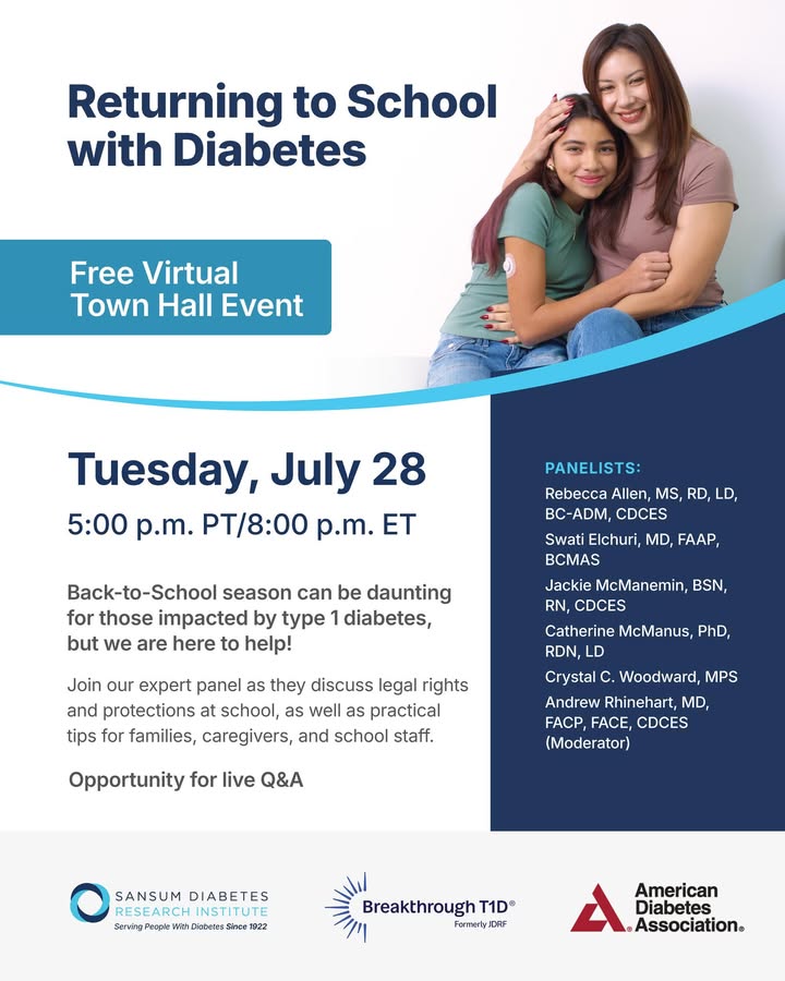 AmDiabetesAssn's tweet photo. School success starts with preparation. Join us, @SansumDiabetes and @BreakthroughT1D for a FREE virtual Back-to-School Town Hall on July 28 at 8 PM ET. Learn about students' legal rights, and tips for families and school staff. 

Register today at https://t.co/XdpNfCOJhA https://t.co/ZtiieYIKXw