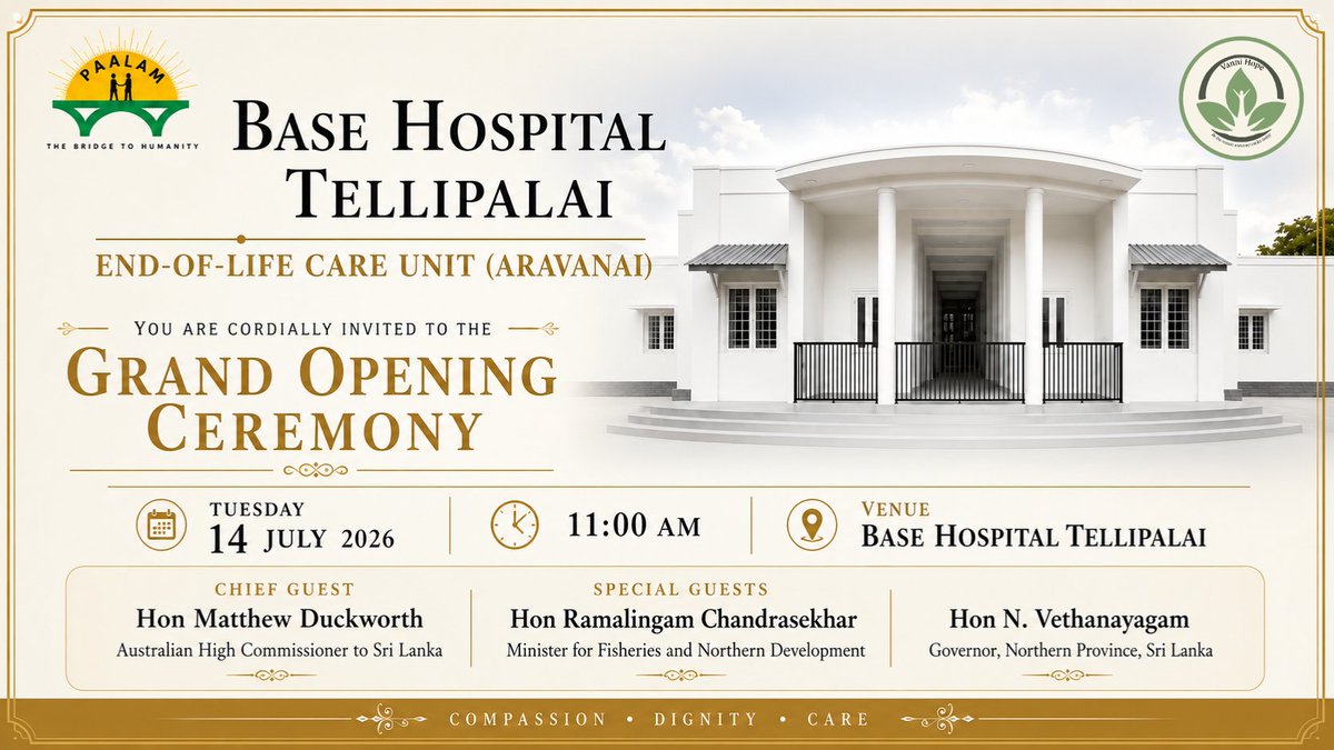 VanniHope_'s tweet photo. Supporters are warmly invited to the Grand Opening of the first dedicated end-of-life care ward in Sri Lanka’s Northern Province.

Chief Guest: Hon Matthew Duckworth, Australian High Commissioner to Sri Lanka.

RSVP: https://t.co/FSUwlBlEzh https://t.co/Rk08bMtXny