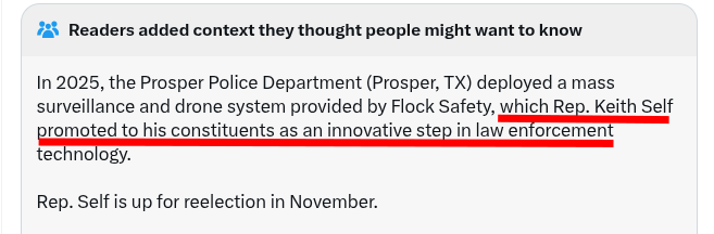LovinTheTruth5's tweet photo. @RepKeithSelf Wow, what an epic community note! Rep Keith Self, promotes Flock, then pretends to want to end "SURVEILLANCE STATE".

How do you live with yourself? https://t.co/vM7P4x0m1w