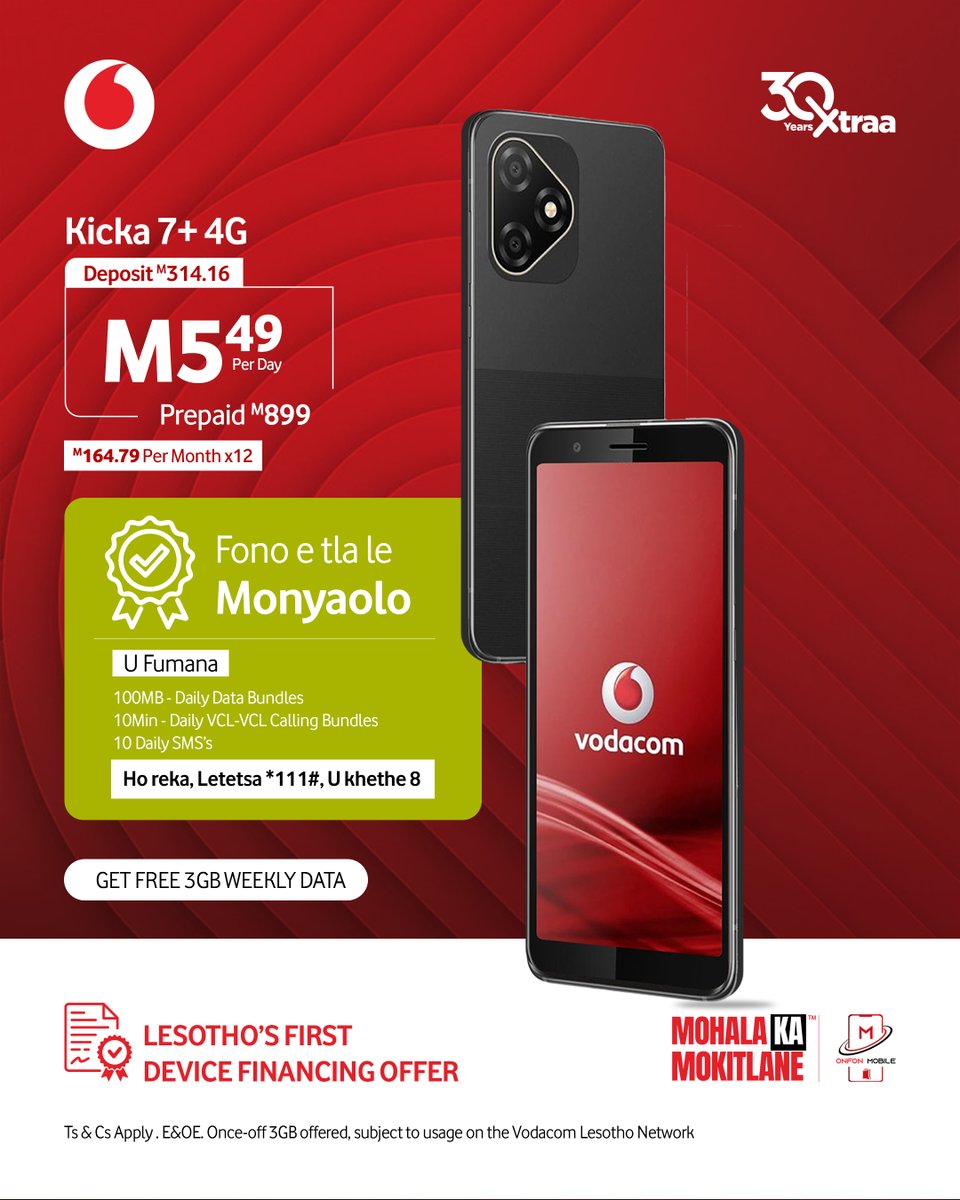 VodacomLes's tweet photo. ๐ฒ New Phone, Free Data!
Cash or credit? Your choice. ๐
Buy a smartphone Habo Mocha-O-Chele and get FREE 3GB weekly data, regardless of how you pay. ๐ฅ๐ฑ
Smart move. More value. โ
#HaboMochaOChele #30YearsExtraaa #VCLEKetekaLeBasotho https://t.co/ZdBGuzBG26