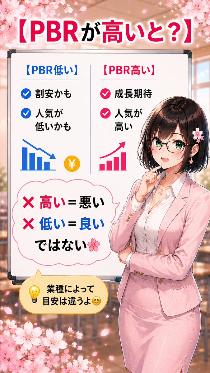 kabuko0429's tweet photo. PBRってなに？🌸

PBRは「会社の資産」と「株価」を比べる指標📊

✅1倍＝会社の価値と株価が近いイメージ

でも…
❌高い＝悪い
❌低い＝良い

ではありません😊

PBRだけで判断せず、PERや売上・成長率も一緒に見てみましょう🌸

#投資初心者  #PBR   #資産運用 #かぶ子 https://t.co/ySPsWg2Yua