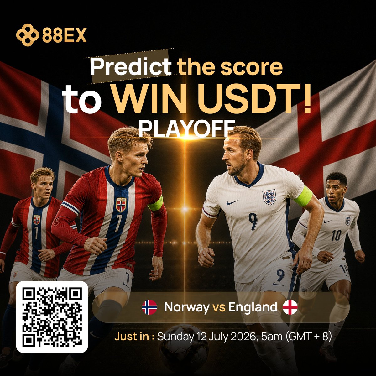 8888_Global's tweet photo. Norway vs England — QUARTERFINAL battle is ON! ⚽️🔥

90 minutes may not be enough. Extra time or penalties could decide it all.
Call the score and fight for USDT rewards! 💰🏆

Playoff Special: Rewards boosted by +50%! 🔥

Who makes it through? 🇳🇴 or 🏴
Drop your prediction & 88EX UID in the comments & like & retweet this post👇

#WorldCup2026 #PlayoffPredict #FootballPrediction #88EX