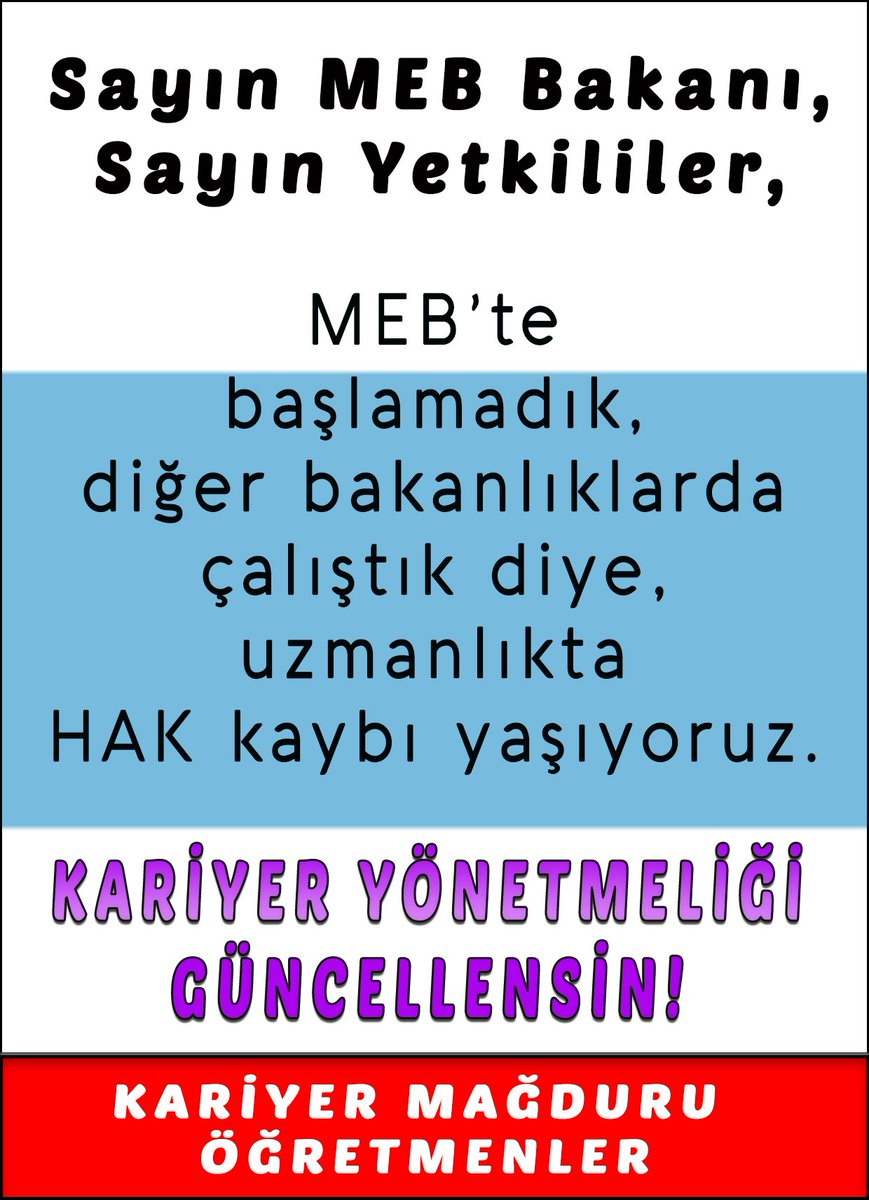 yilmazsen35's tweet photo. Bizler Öğretmenlik Meslek Kanunu sebebiyle hak kaybı yaşıyoruz. 
Önceden yaptığımız kamu/devlet görev süremiz Kariyer yönetmeliğinde dikkate alınmıyor. Yıllarca yapılan görev süresi boşa gidiyor. Bu, haksızlık, adaletsizlik ve eşitsizliktir.

Sorunumuzu üyesi olduğumuz sendikalar başta olmak üzere, sendikalara bizzat giderek, mektup, mesaj yazarak, anlattık. 1 senedir sesimizi duyurmak adına yapmadığımız kalmadı.

Yetkili sendika olan ve üyesi en çok olan sendika  
@EgitimBirSen
  geçen yaz ziyeretimizde bize söz verdiniz, "Haklısınız, sizin iş kolay, takipçisiyiz, yönetmeliğe madde ekleteceğiz, halledeceğiz, Eğitim Bir-Sen olarak çözeceğiz dediniz, söz verdiniz.

Bugüne kadar hiçbir şey yapılmadı. Hala mağduriyet yaşıyoruz. @talatyavuz29
@_aliyalcin_