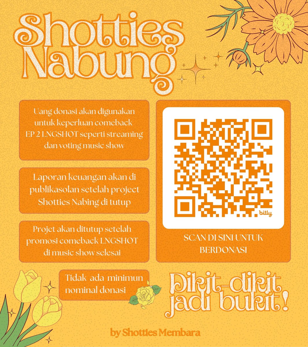 SHOTTIESMEMBARA's tweet photo. SHOTTIES NABUNG 🗳️💸

Halo Shotties-deul~
Minbar excited banget untuk ngasih kabar kalau Shotties Membara kembali  dengan project donasi untuk menyambut comeback LNGSHOT YEAAY 💃 🤩

Kententuan :
➤ Donasi digunakan untuk segala keperluan comeback LNGSHOT (streaming dan voting)
➤ Tidak ada minimal nominal Donasi
➤ Project Shotties Nabung akan dibuka sampai seluruh promosi LNGSHOT di Music Show selesai
➤ Laporan keuangan akan dipublikasi setelah project donasi ditutup

LINK GFORM UNTUK BERDONASI 🔗
https://t.co/R6a2F2tarr

Ditunggu partisipasinya pada project Shotties Nabung, Shotties-deul~ 🥰🧡