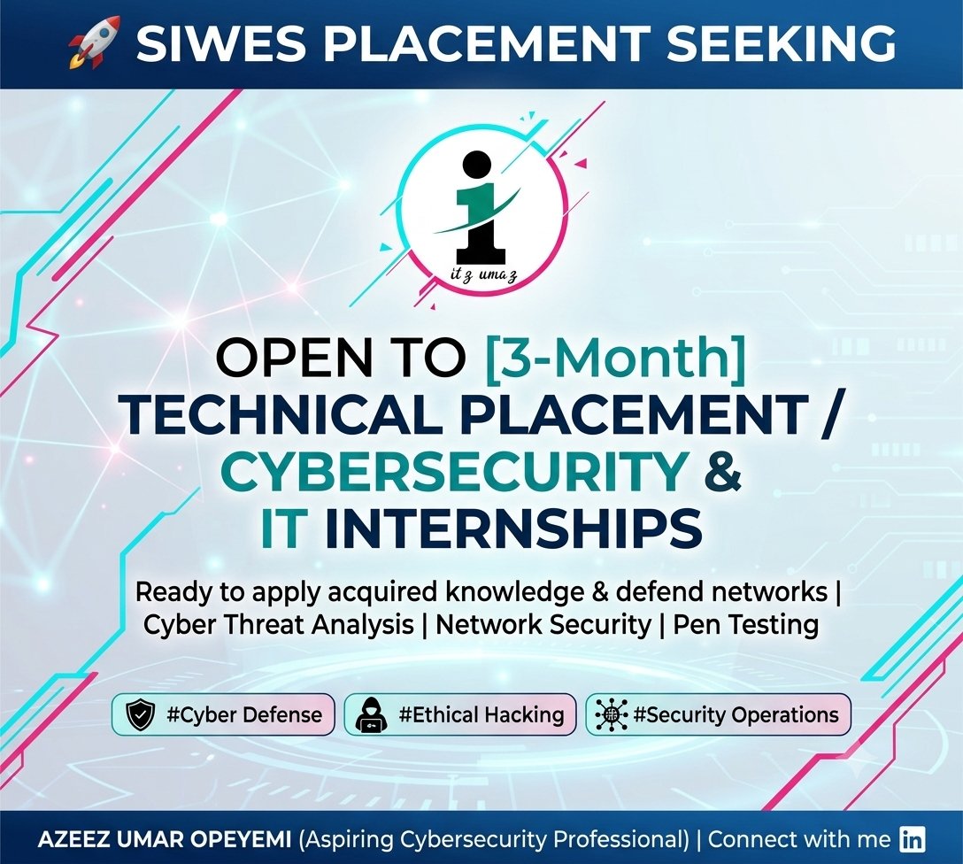 uoazeez's tweet photo. Hi everyone! I am currently searching for a Student Industrial Work Experience Scheme (SIWES) placement in Cybersecurity, and I would love your recommendations or leads. 🚀

#SIWES #Cybersecurity #TechInternships #CybersecurityNigeria #NigeriaTech #ComputerScience #SIWESPlacement https://t.co/KTm5gYhhIq