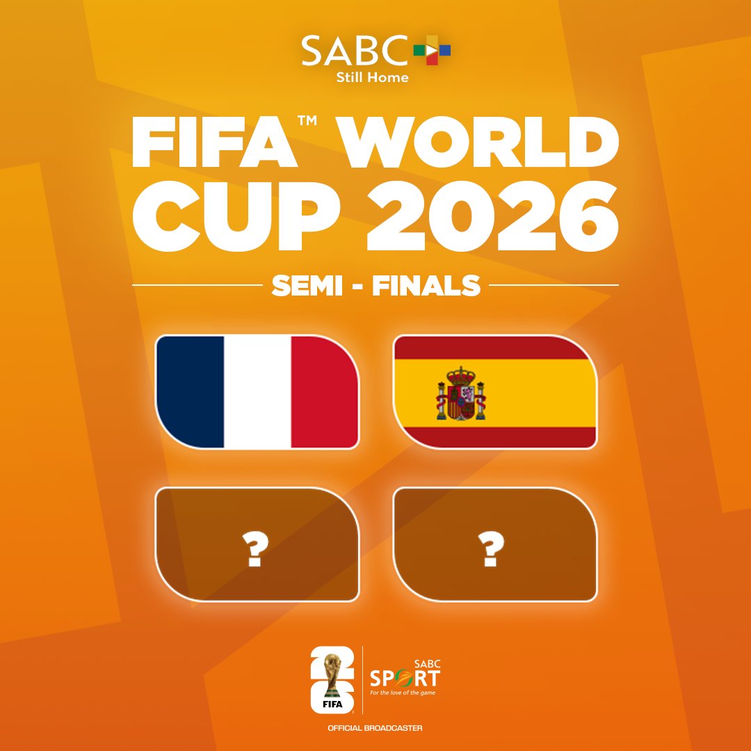 SABCPlus's tweet photo. Spain and France are through to the semi-finals. Two spots still to be decided. ⚽️
 
Stream the FIFA World Cup 2026 live on SABC+, subscription-free!

Download now: https://t.co/UWGPPc2osC

ALL OF US. ALL IN. KAOFELA.

#SABCPlus #StillHome #FIFAWorldCup https://t.co/0AY3wf4LRv