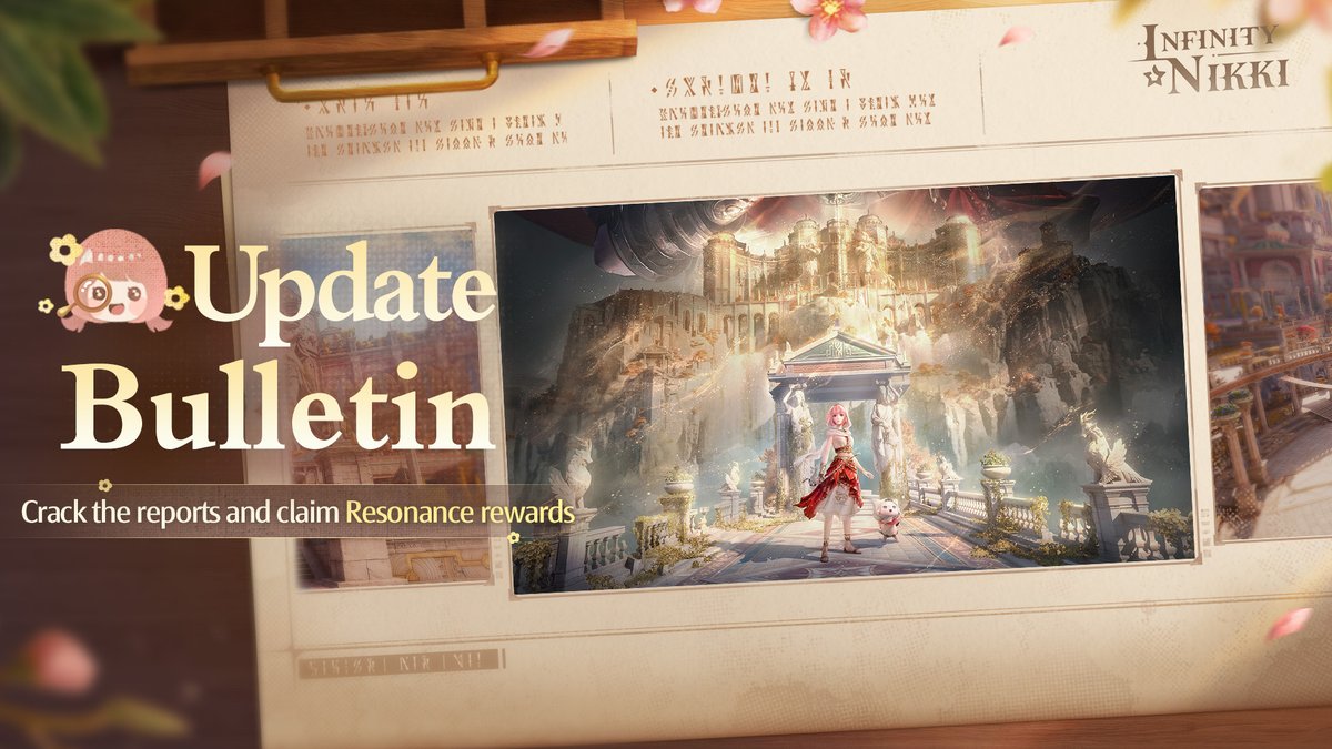 InfinityNikkiEN's tweet photo. ♾Version 2.8 Golden Dust: Special Warm-Up Events
As Itzaland's final chapter approaches, a brand-new journey is about to unfold. The special warm-up events for Version 2.8 are now live~

🎉 [Update Bulletin] Now Open
Event Duration
July 11, 2026, 06:00 – July 19, 2026, 12:49 (UTC-7)

During the event, 4 encrypted bulletins will be announced. Unlock encrypted bulletins to uncover the mysteries of the latest update and claim rich rewards, including Resonite Crystals, Revelation Crystals, and growth materials.

🎉 [Immortal Titan Souls] Open for a Limited Time
Event Duration
July 11, 2026, 06:00 – August 6, 2026, 18:59 (UTC-7)

The great-value [Titan Soul Crown Pack] is now available for a limited time!
Purchase to unlock [Immortal Titan Souls]. After unlocking, rewards will be granted based on your accumulated login days. If you have already logged in for 7 days, you can claim all rewards at once.
The rewards include the chest accessory [Celestial Plume], Revelation Crystal *2, Diamond *60, Energy Crystal *1, Bling *70,000, and Shiny Bubbles *200.

Note: The [Titan Soul Crown Pack] is available from July 11, 2026, 06:00 to July 16, 2026, 12:49 (UTC-7). Please refer to the event interface for the exact end time.

——
➤ Infinity Nikki Version 2.8 Golden Dust launches globally on July 16 (UTC-7)!
➤ Download Now: https://t.co/soaPebzlY9
➤ Join us on Facebook Group: https://t.co/rabLOeX3ac
#InfinityNikki
#GoldenDust
#GoldenCity