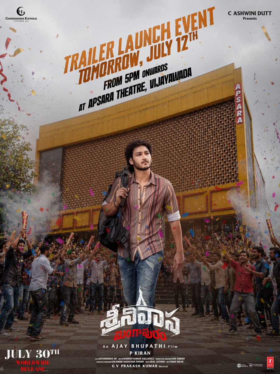 GhattamaneniFC's tweet photo. Vijayawada ❤️‍🔥
Get ready to celebrate the magic of cinema together✨

#SrinivasaMangapuram Trailer Grand Launch Event TOMORROW, 12th JULY, from 5 PM onwards at APSARA THEATRE 💥

Grand Release Worldwide on JULY 30th, 2026 🔥

#JaiKrishnaGhattamaneni #RashaThadani @DirAjayBhupathi @themohanbabu @AshwiniDuttCh @gvprakash @gemini_kiran @sahisuresh @gullapallikumar @CKPicturesoffl @VyjayanthiFilms @AnandiArtsOffl @tseriessouth @MediaYouWe