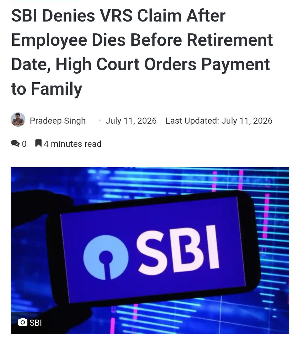 bankaffairs's tweet photo. After 30 YEARS of loyal service, SBI employee K.S.R. Sastry applies for VRS in 2001, gets ACCEPTED... then dies of heart attack just weeks before retirement date. 

SBI's response? "Sorry, no benefits for your family. Rules!" 

Denied ₹9.48 lakh like vultures circling a corpse. 

Court had to SLAP them in 2026 to pay up! SBH merged into SBI but humanity didn't. 

Banks scream "We serve the nation" but treat employees like disposable trash. Heartless monsters. 

Shame on SBI! 

#SBICruelty @TheOfficialSBI 
News Source :  from Hello Banker