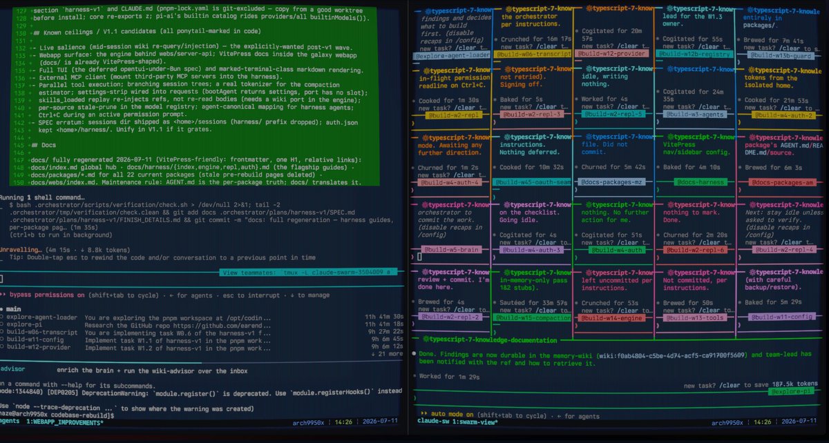 tasarren's tweet photo. Yesterday I asked Fable a stupid question: what if the memory-wiki I built for my agents became the harness itself?

~12h and an absurd swarm of subagents later, it works.

It can run agents, spawn subagents, use my providers through OAuth, preserve its brain through compaction and harvest every session back into its own memory.

Written in TS, obviously, the brain was already built that way.

First screenshot is the swarm that built it. Second is the harness actually running :D

Everything from a remote VPS

What a time to be alive!