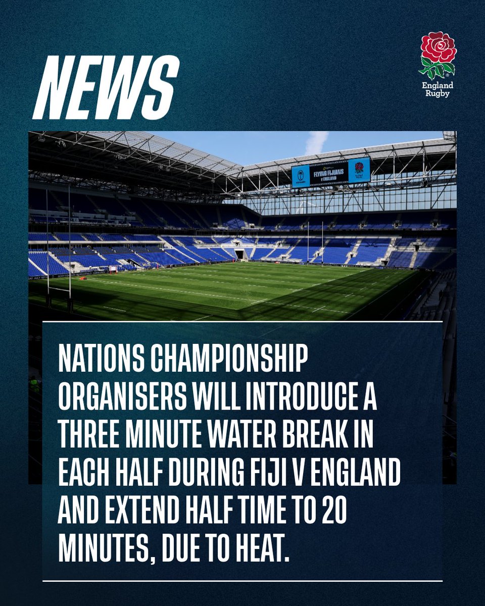 EnglandRugby's tweet photo. Nations Championship tournament organisers have made the decision to introduce additional water breaks for players and match officials during the Fiji v England fixture, and extend half time to 20 minutes, in line with its tournament regulations, and heat guidelines. https://t.co/CdvPkixi3O
